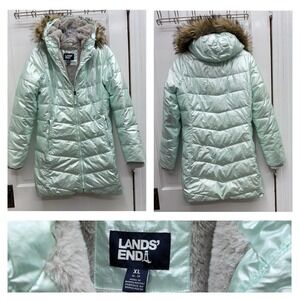 Lands End Girls XL 14 16 Primaloft Iridescent Fur Lined Winter Coat Puffer Green